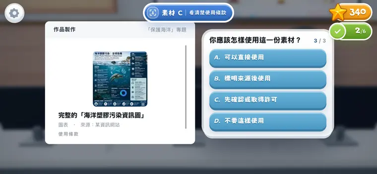 遊戲畫面：專題素材的使用條款，玩家要決定怎樣使用這張圖表。